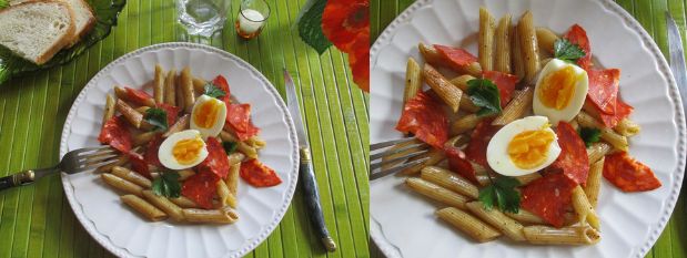 Salade de pâtes chorizo œuf mollet